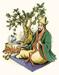 dibujo del el emperador chino Shen Nung bajo un arbol del té, segun cuenta la historia del té